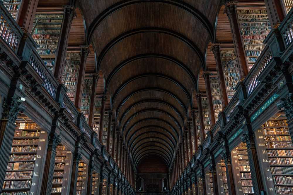 The beautiful well appointed library at Trinity College Dublin built to a grand style with wooden arched ceilings and many nooks filled floor to ceiling with shelves of ancient leather-bound books