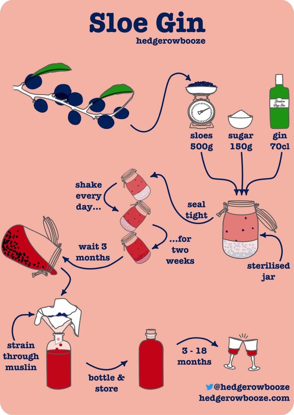 Visual recipe to make sloe gin. Its contents are the same as the instructions on this page, but prettier